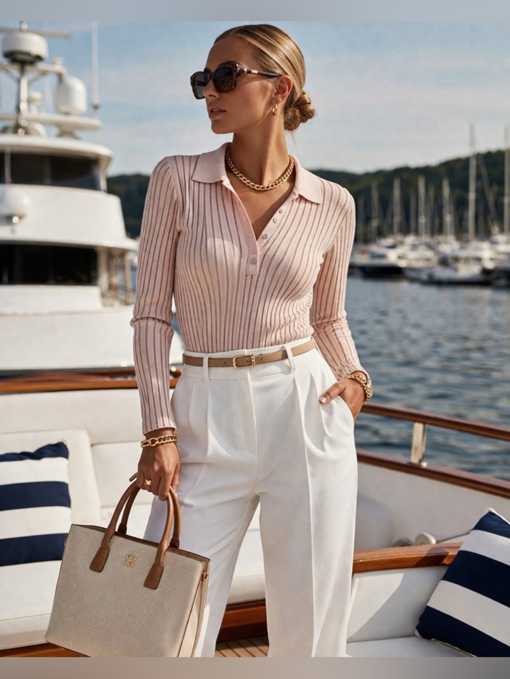 AS by DF Modena Knit Polo Top Small Blush Metallic Stripe Ribbed Designer